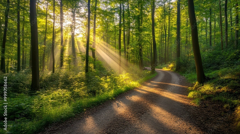 Poster a serene forest path illuminated by sunlight, creating a peaceful and inviting atmosphere.