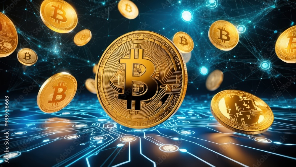 Poster floating bitcoin coins on a digital network background representing cryptocurrency technology and in