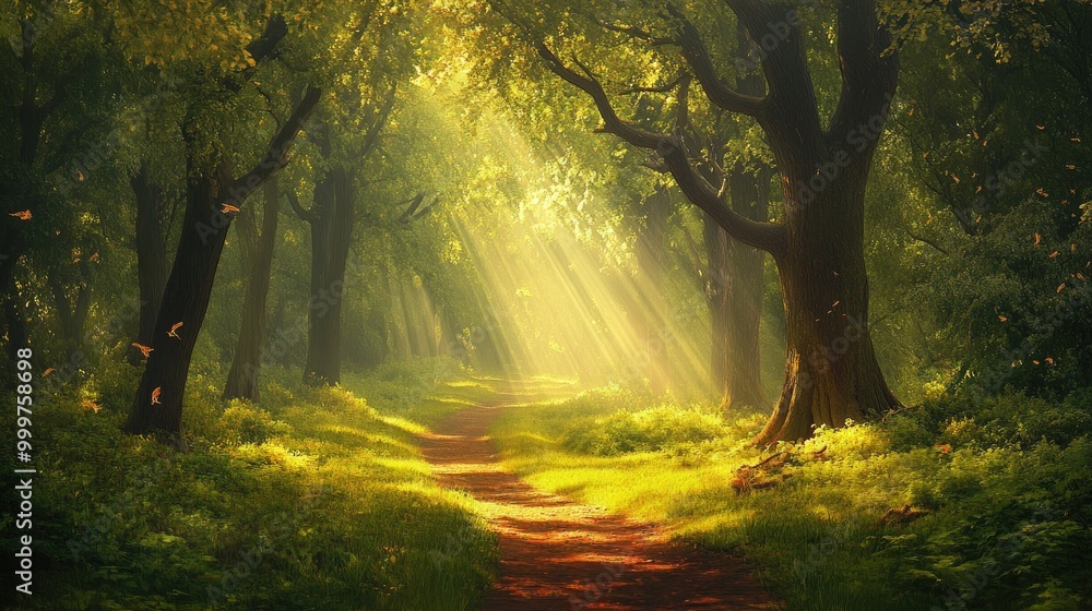 Poster a serene forest path illuminated by sunlight filtering through the trees.
