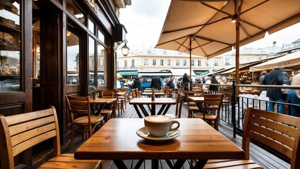 Fototapeta premium Cozy outdoor cafe scene with wooden tables and chairs, inviting atmosphere, perfect for enjoying coffee and people watching in a bustling city