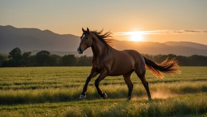 Fototapeta premium Horse runs freely in golden sunset over grassy field, capturing essence of nature, beauty, and motion in tranquil countryside setting