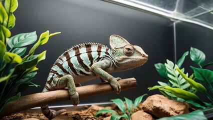 Chameleon perched on branch amidst lush green plants, showcasing vibrant colors and unique features, perfect for nature and pet care themes