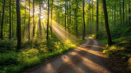 Obraz premium A serene forest path illuminated by sunlight, creating a peaceful and inviting atmosphere.