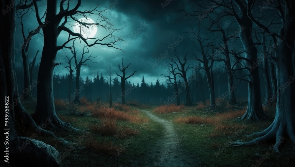 Poster dark forest scene with moonlight illuminating twisted trees, creating an eerie and haunting atmosphe