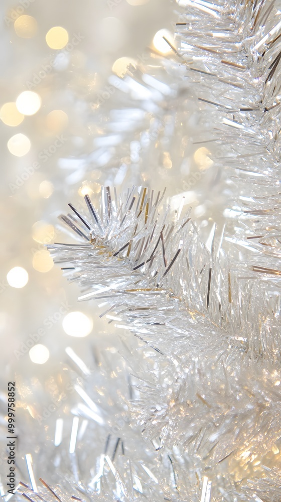 Poster a close-up of shimmering silver tinsel against a softly lit background, creating a festive and spark