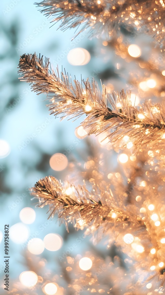Poster a close-up of a sparkling christmas tree branch adorned with luminous lights, creating a festive and