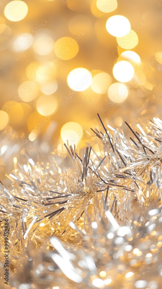 Poster shiny silver tinsel sparkling against a soft golden bokeh background, creating a festive and magical