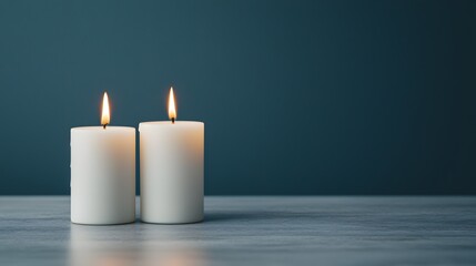 Two lit white candles on a wooden surface against a muted blue wall, creating a calming and serene atmosphere.