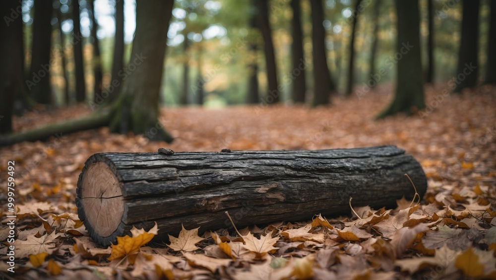 Aufkleber log on forest floor surrounded by colorful autumn leaves creating a serene atmosphere ideal for natu