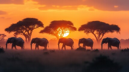 Fototapeta premium majestic elephant herd silhouetted against vibrant african sunset acacia trees framing dusty savanna horizon