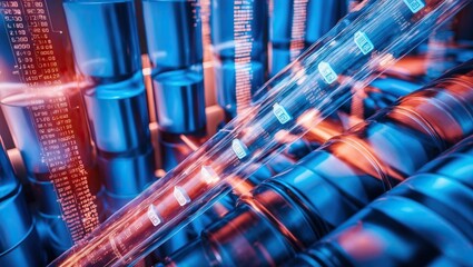 Obraz premium Futuristic visual of machinery and data flow, showcasing innovation and technology in modern industry Illustrates automation and digital transformation