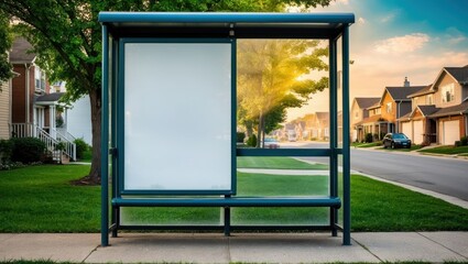 Bus stop shelter in a residential area features a clear design among houses, emphasizing urban lifestyle and community transportation waiting spaces