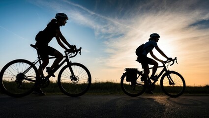 Obraz premium Silhouettes of two cyclists riding on a scenic road at sunset, embodying outdoor exercise and adventure in a tranquil landscape