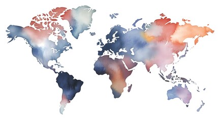 A soft watercolor map of the world featuring blend of blue, orange, and gray tones, ideal for artistic or educational purposes.