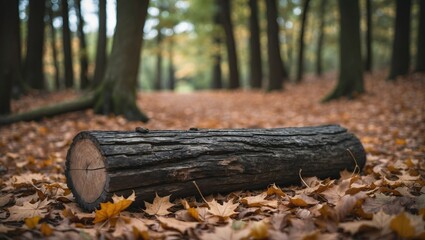 Obraz premium Log on forest floor surrounded by colorful autumn leaves creating a serene atmosphere ideal for nature walks or peaceful reflection