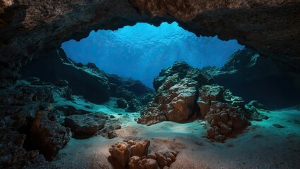 Explore vibrant underwater cave filled with stunning rock formations, crystal clear blue water, showcasing serene marine landscape