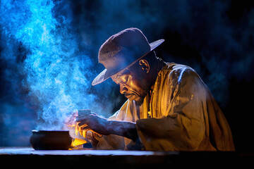 an African witch doctor conducting a ritual in his shrine, highlighting mystical elements with a dark background