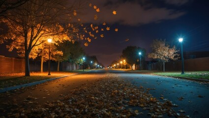 Fototapeta premium Serene night scene showcasing deserted street adorned with fallen leaves, autumn colors, and illuminated by vintage street lamps