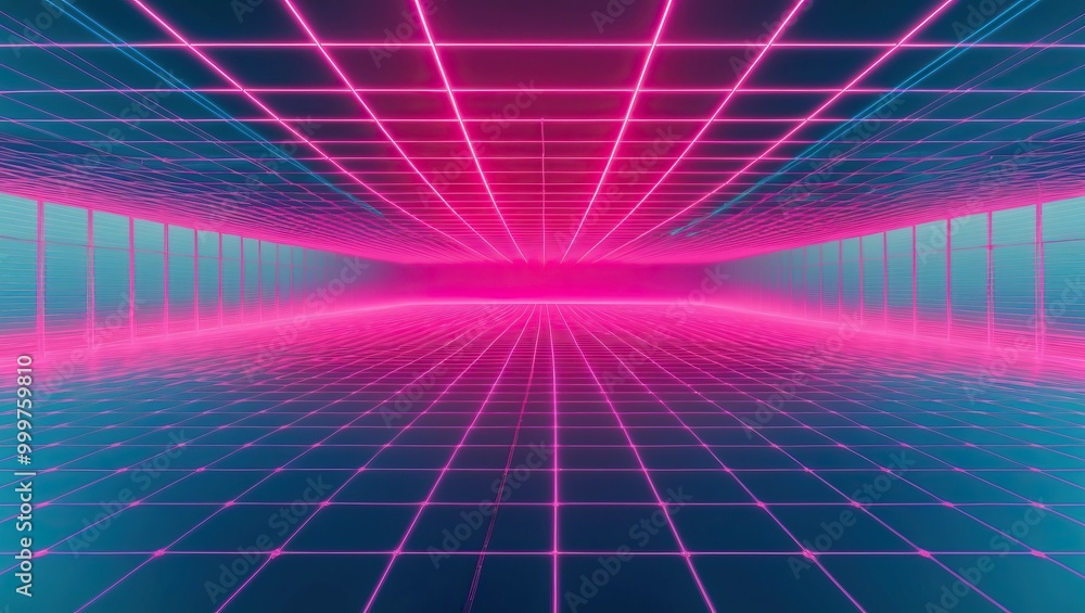 Poster futuristic digital environment featuring neon grid patterns, creating an immersive and vibrant atmos