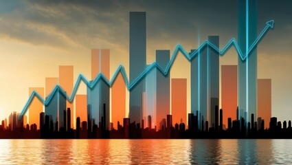 Dynamic city skyline at sunset showcasing rising financial growth with reflective water, symbolizing success and modern business trends