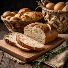 Tasty cut bread displayed on a wooden cutting board, complemented by wheat ears, emphasizing a cozy kitchen vibe.