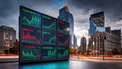 Digital stock market display against urban skyline, showcasing financial data, trends, and analysis in a dynamic city environment during evening
