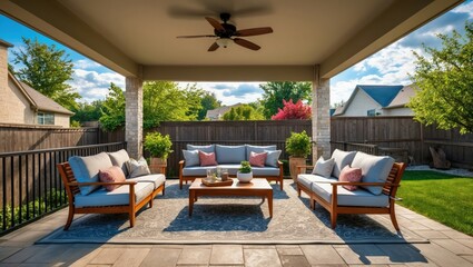 Fototapeta premium Elegant outdoor patio with comfortable seating, perfect for relaxation and entertaining, surrounded by greenery and a serene atmosphere