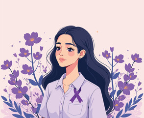 vector poster of girl with flowers in the background, breast cancer awareness illustration