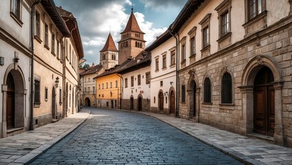 Picturesque cobblestone street lined with historic buildings under a cloudy sky, inviting exploration and showcasing architectural charm