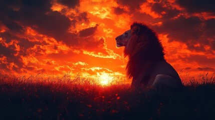 Naklejka premium majestic lion silhouette against fiery sunset mane flowing regally symbolizing strength and divine power