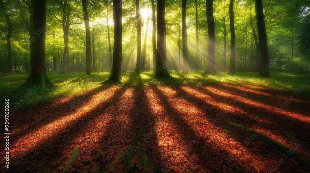 Poster a serene forest scene with sunlight filtering through trees, casting shadows on the ground.