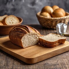 Tasty cut bread displayed on a wooden cutting board, complemented by wheat ears, emphasizing a cozy kitchen vibe.