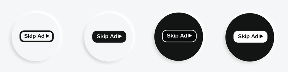 Skip ad button set. Skip ad icon in neomorphs style. Icons for business, white UI, UX. Ad symbol. Black button skip ad for website. Vector icon.