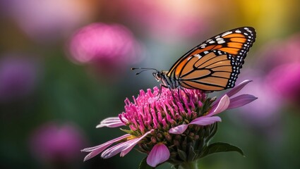 Vibrant butterfly resting on colorful flower, showcasing intricate details of wings and petals, capturing beauty of nature and pollination