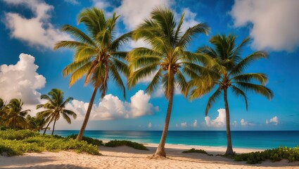 Obraz premium Tropical beach scene featuring palm trees, tranquil ocean, and clear blue skies, ideal for vacations, relaxation, and escaping to paradise