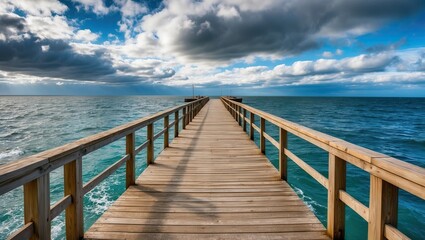 Fototapeta premium Wooden pier extends over calm waters under a vibrant sky, offering a serene escape for travelers seeking relaxation and adventure in nature