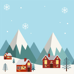 Winter landscapes with houses, hills in snowdrifts, mountain in morning background with blank space area