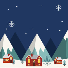 Fototapeta premium Winter landscapes with houses, hills in snowdrifts, mountain square background with blank space area