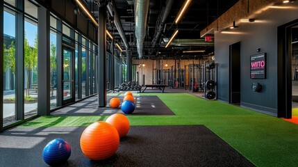 A fitness center with functional training areas, showcasing colorful kettlebells, ropes, and medicine balls against sleek black walls. The open space is designed for dynamic movement.