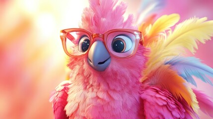 A colorful parrot with vibrant feathers and glasses enjoys a sunny day in a whimsical world of imagination. Generative AI