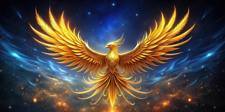 Golden phoenix silhouette painting against night sky