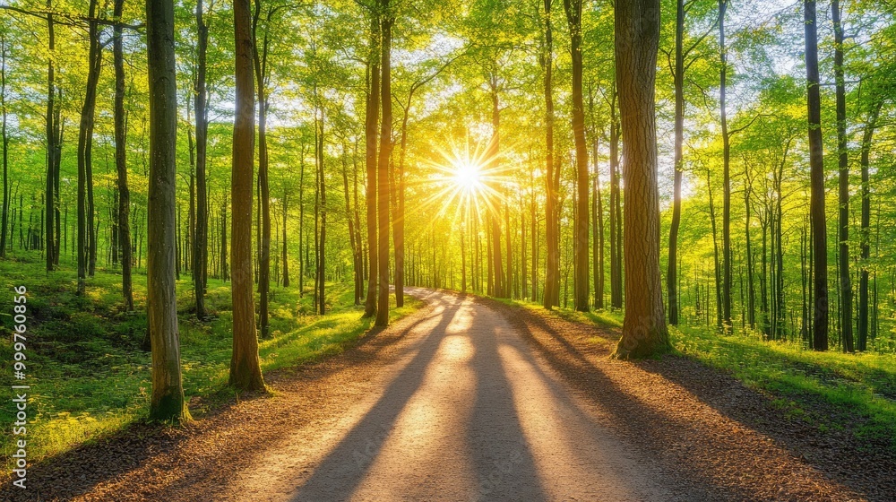 Poster a serene forest path illuminated by sunlight, creating a peaceful and inviting atmosphere.