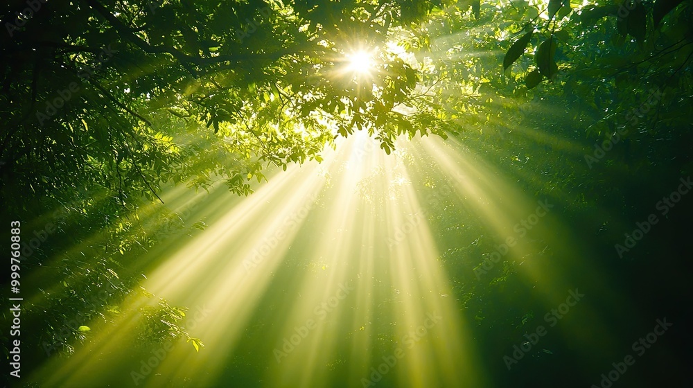 Poster sunlight filters through lush greenery, creating a serene and tranquil forest atmosphere.