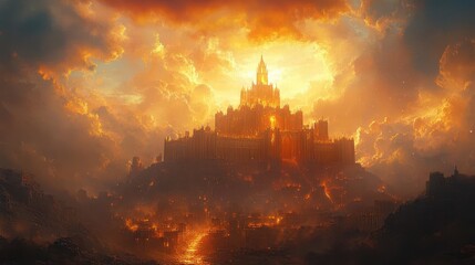 majestic new jerusalem descending from heavens pearlescent gates golden streets divine light celestial beauty