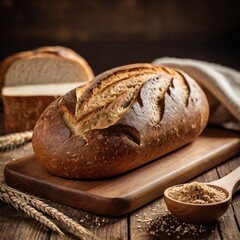 Tasty cut bread displayed on a wooden cutting board, complemented by wheat ears, emphasizing a cozy kitchen vibe.