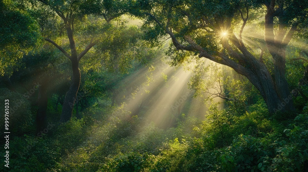 Poster a serene forest scene with sunlight filtering through trees, creating a peaceful atmosphere.