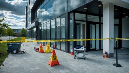 Construction site with safety cones, barriers, modern building, and maintenance equipment, showcasing renovation and improvement efforts