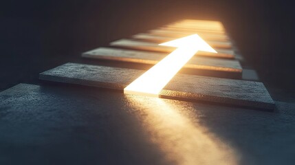 Fototapeta premium A glowing white arrow moving up a set of steps toward a radiant goal, each step illuminated, representing steady progress toward achieving a personal or professional milestone.