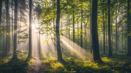 Obraz premium A serene forest scene with sunlight streaming through trees, creating a tranquil atmosphere.