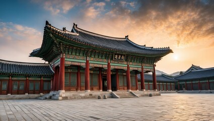 Fototapeta premium Traditional temple architecture showcasing vibrant colors and intricate designs under a beautiful sunset, representing cultural heritage and historical significance